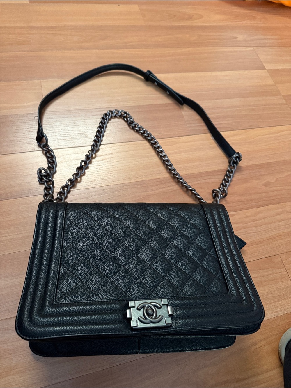Black Quilted Leather Boy Shoulder Bag with Silver Hardware